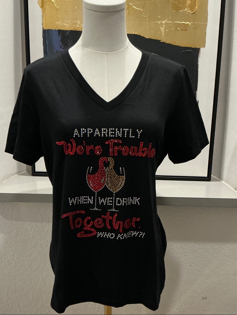Bella Canvas Black V-Neck Rhinestone Tee with Red and Gold Accents